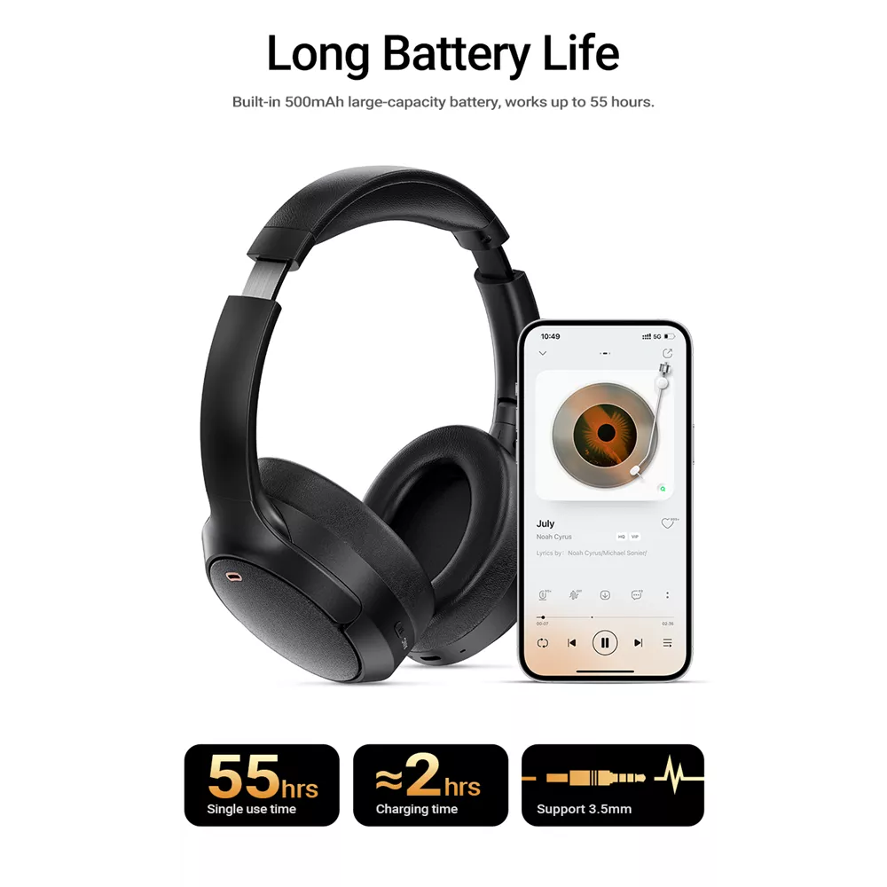 Black Acefast foldable on-ear ANC wireless headphones with folding ear cups.