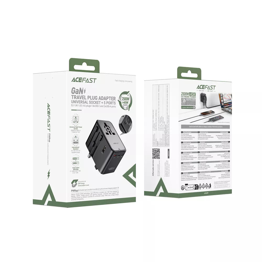 Black Acefast GaN travel adapter with five charging ports and a fold-out plug.