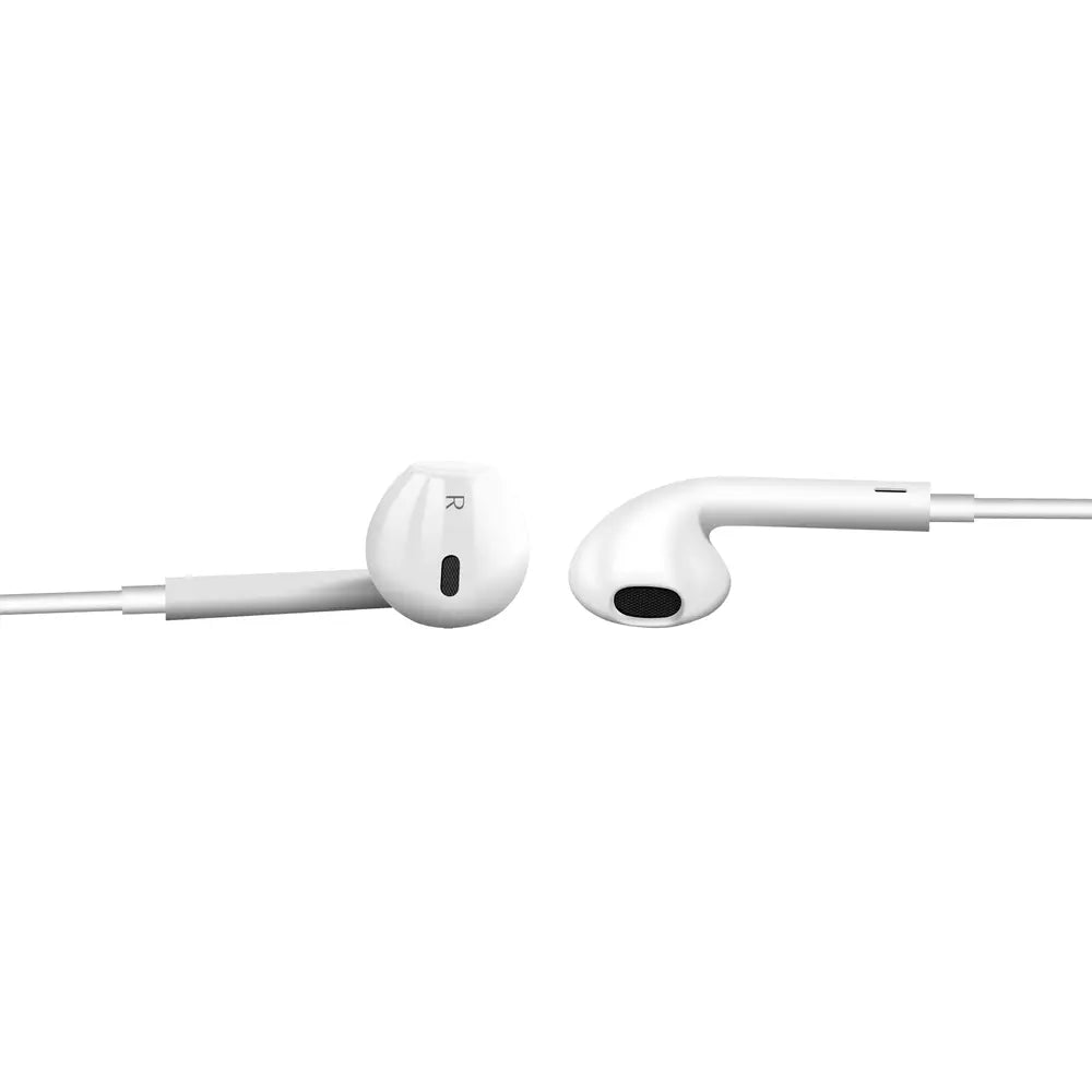 White Devia in-ear earphones with a Lightning connector and inline volume button.