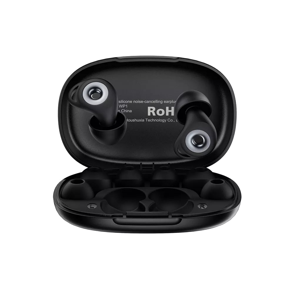 Black Acefast noise cancelling earplugs resting beside their small charging case.