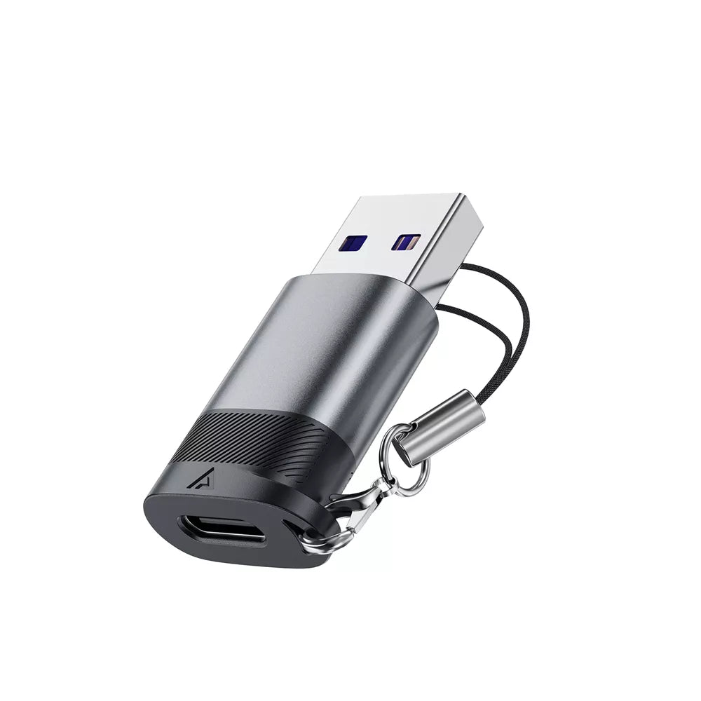 Small aluminium Acefast adapter with a USB-C plug and a USB-A socket.