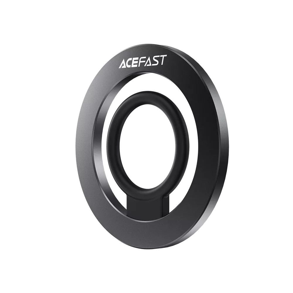 Black Acefast magnetic ring grip on the back of an iPhone.