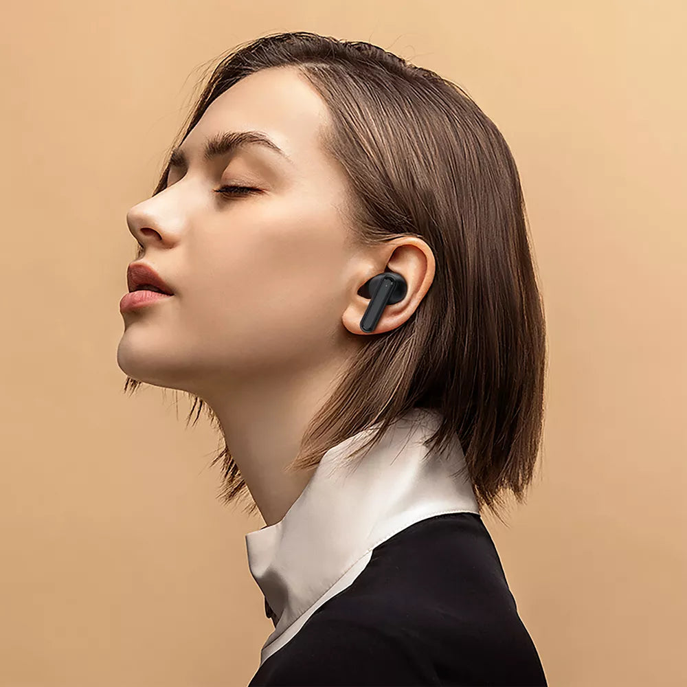 Black Acefast wireless earbuds with a charging case showing a colour display.