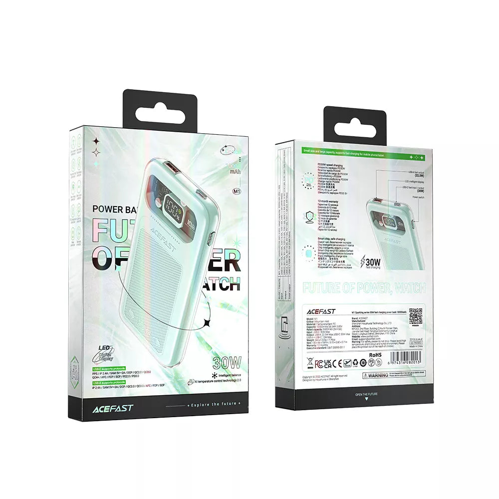 Acefast 30W power bank in Mountain Mist grey with LED digital display.