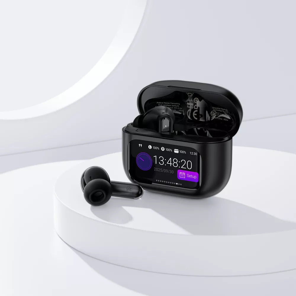 Black Acefast wireless earbuds with a charging case showing a colour display.