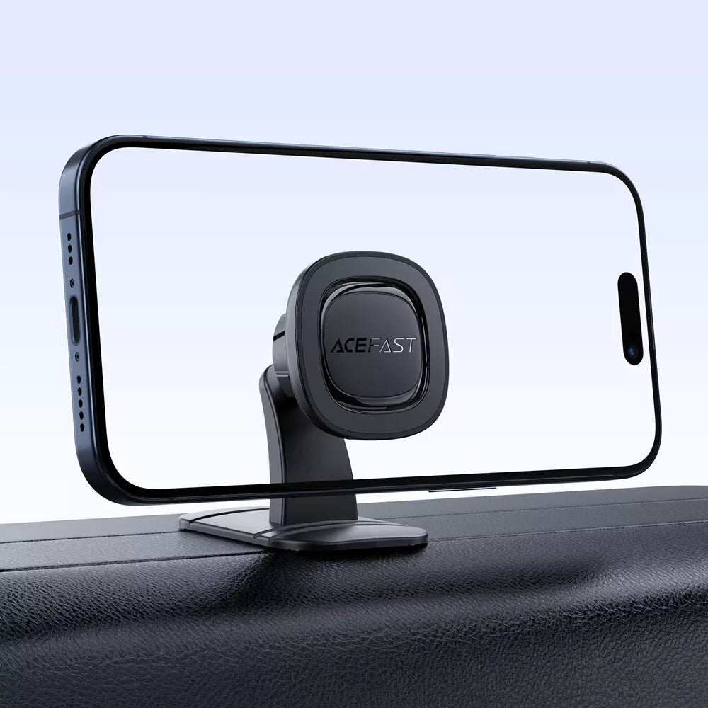 Small black Acefast magnetic phone holder standing on a car centre console.