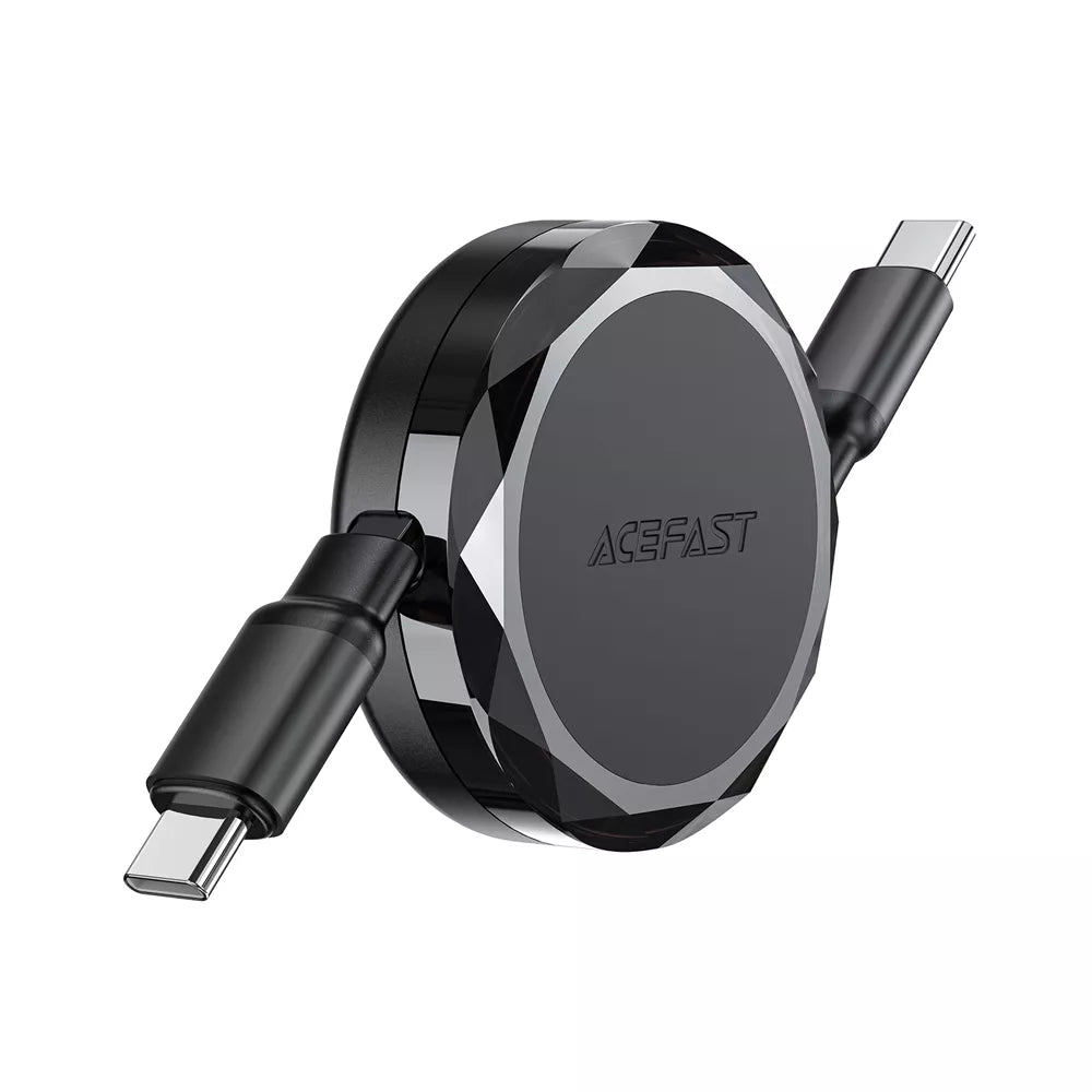 Black Acefast retractable USB-C to USB-C cable partly wound into its housing.