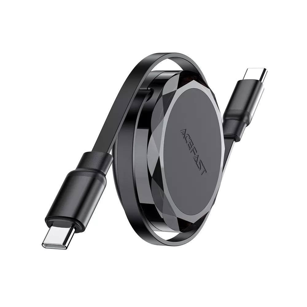 Black Acefast retractable USB-C to USB-C cable partly wound into its housing.
