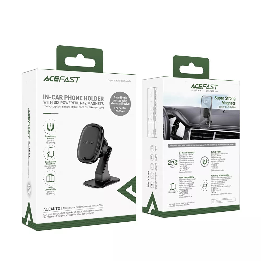 Black Acefast magnetic phone holder with an adhesive base fixed to a car console.