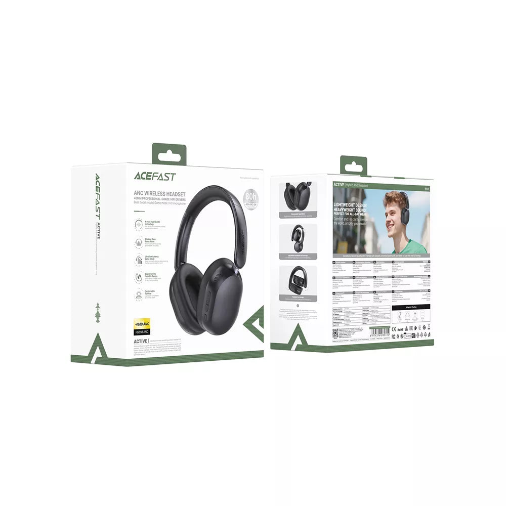 Black Acefast foldable on-ear wireless headphones with noise cancelling, folded flat.