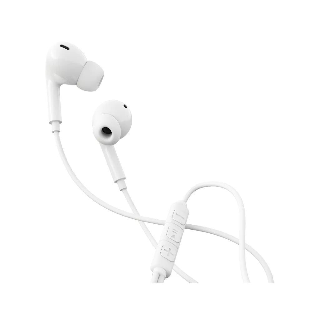 White Devia wired in-ear earphones with an inline microphone and volume button.