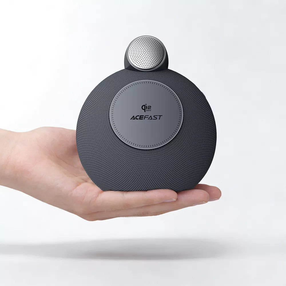 Grey Acefast bedside speaker with a magnetic MagSafe charging pad on the front.
