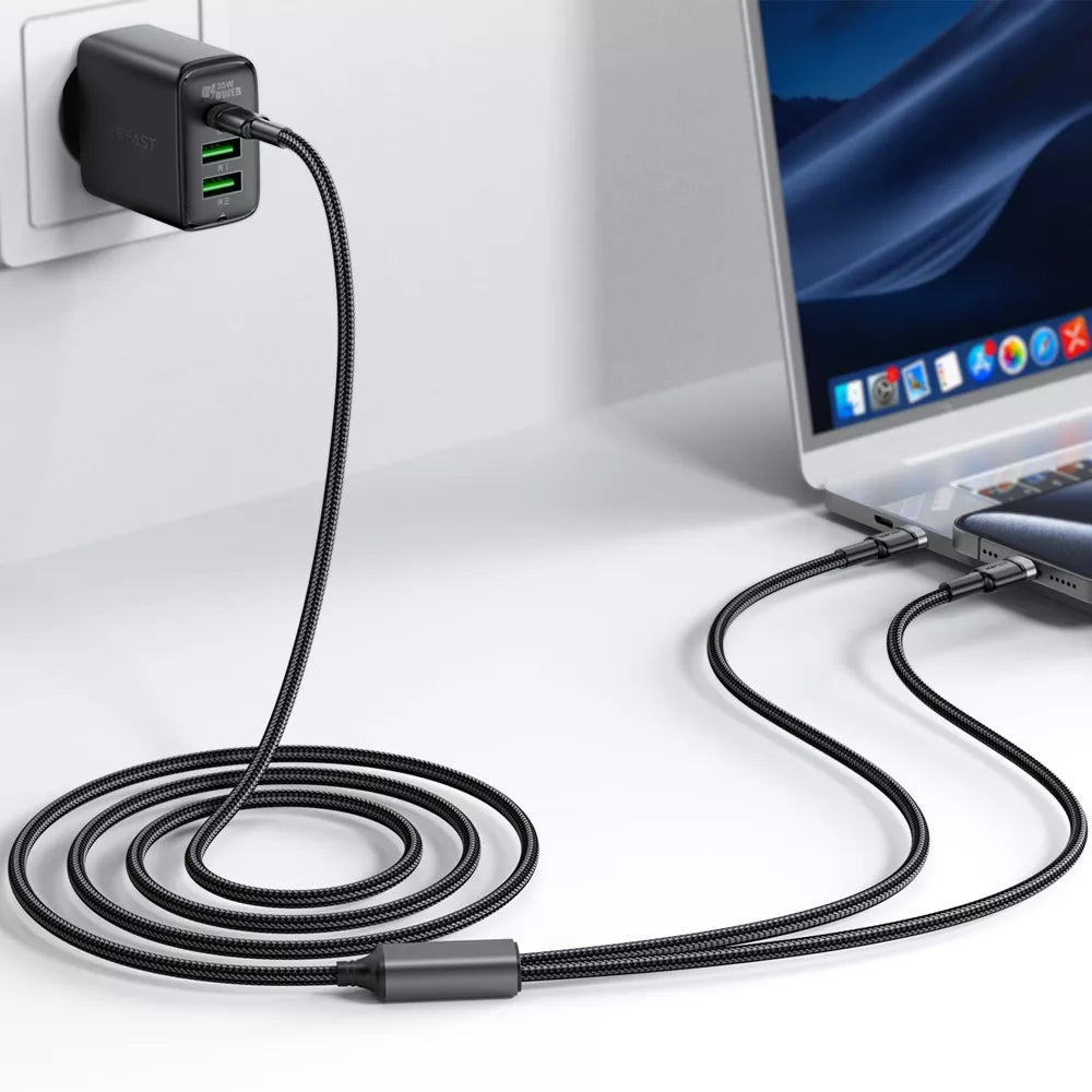Black braided Acefast cable splitting from one USB-C plug into two USB-C ends.