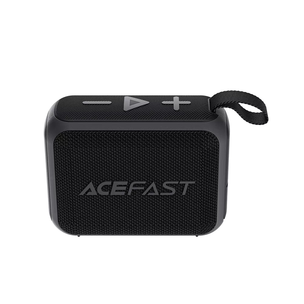 Black Acefast waterproof Bluetooth speaker with a mesh grille and wrist lanyard.
