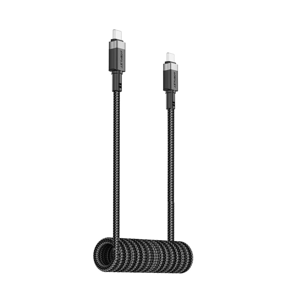 Black Acefast USB-C cable with a coiled spring anti-tangle section.