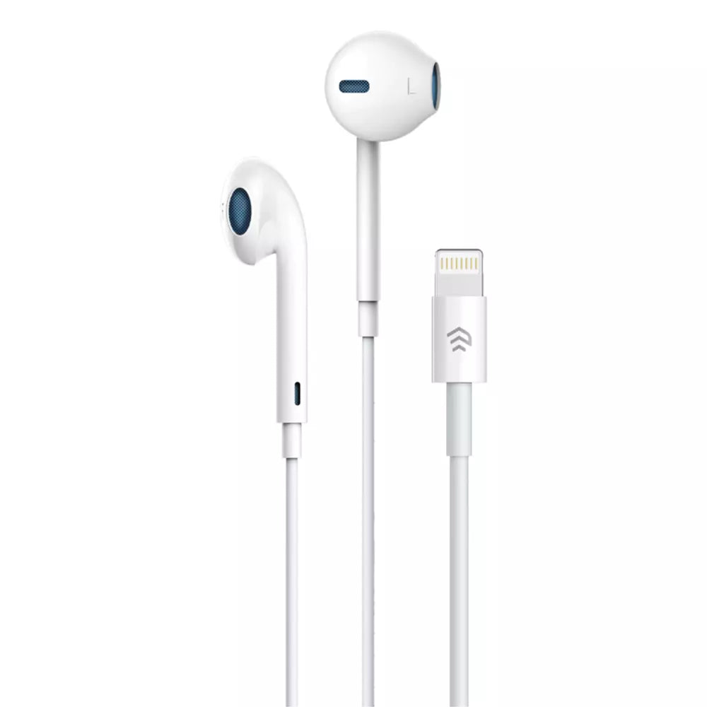 White Devia in-ear earphones with a Lightning connector and inline volume button.