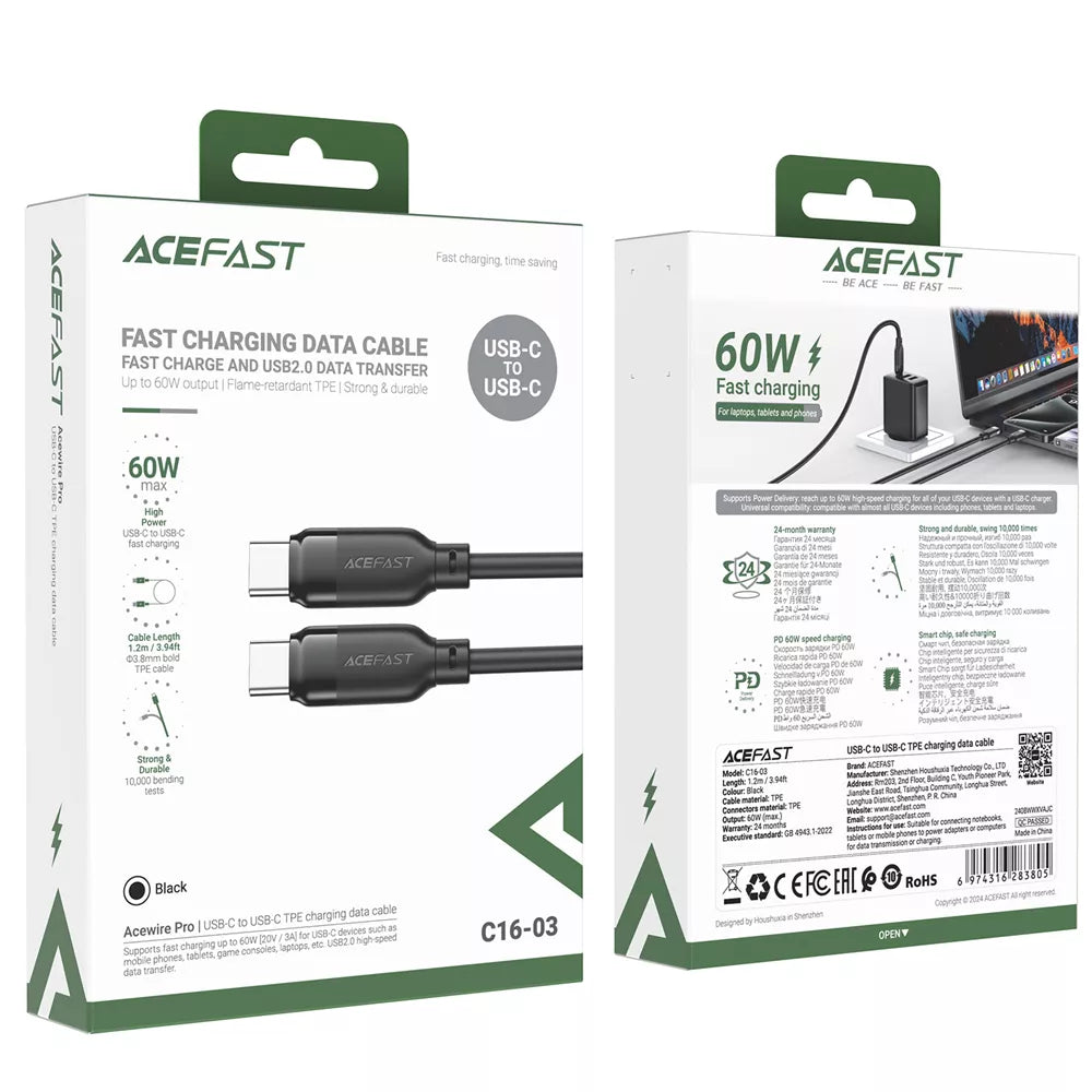 Black Acefast 60W USB-C to USB-C cable neatly coiled.