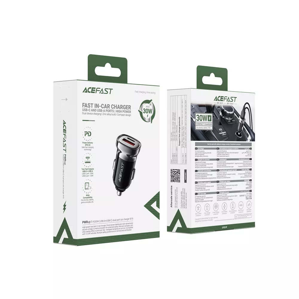 Small black zinc alloy Acefast car charger with two ports, shown upright.