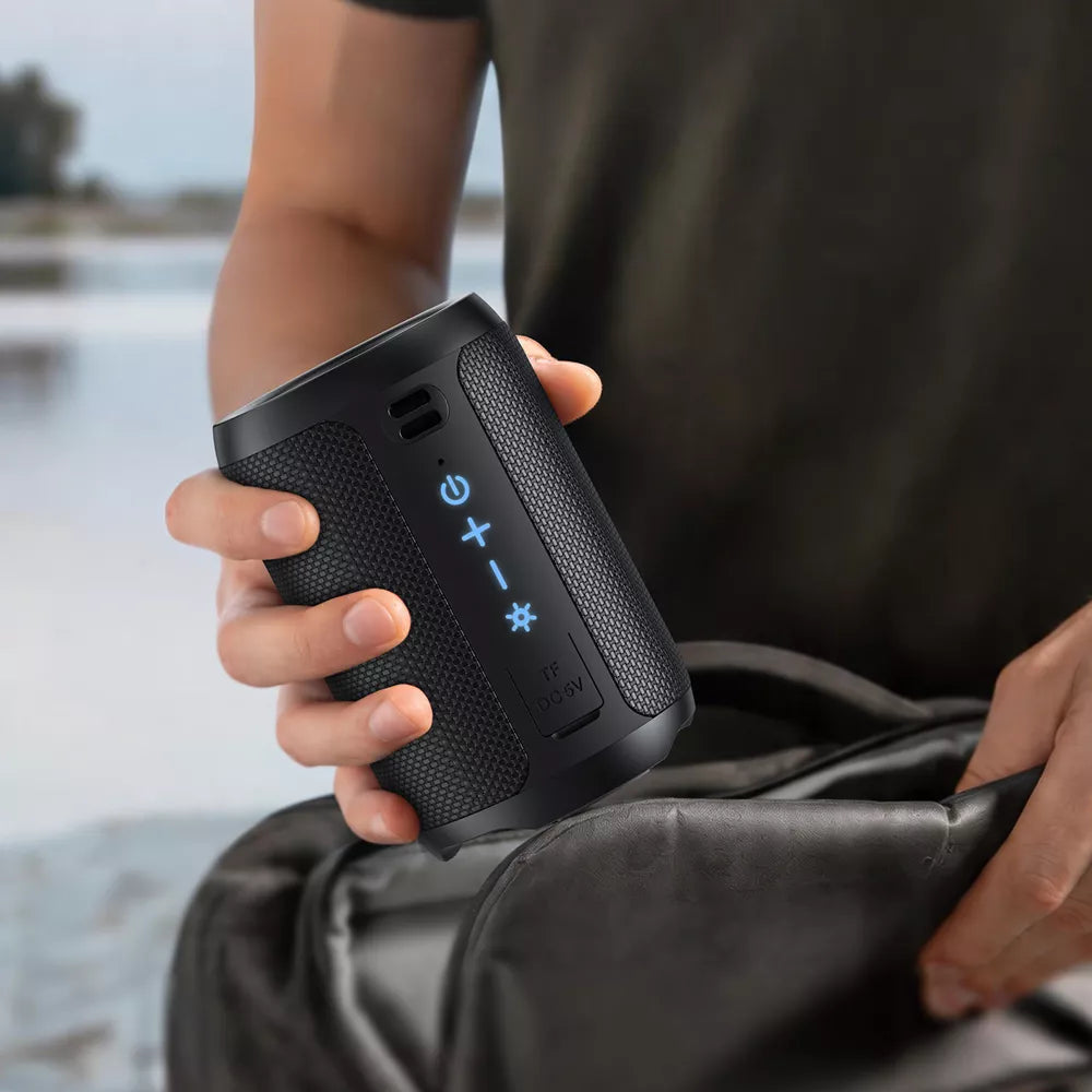 Black Acefast portable Bluetooth speaker with a fabric mesh grille, standing upright.