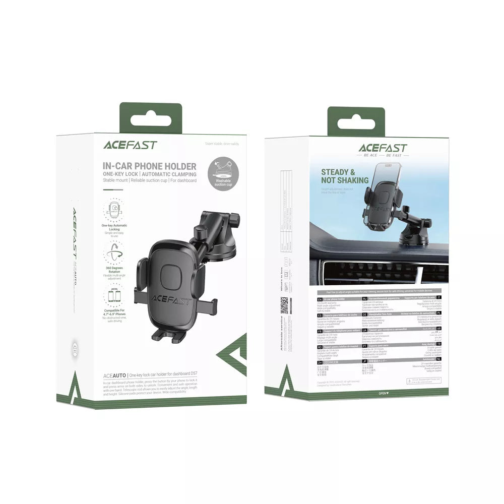 Black Acefast dashboard holder with a suction cup base and clamping arms.