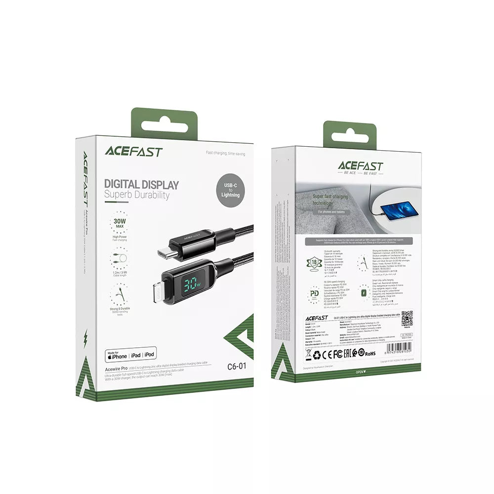Black Acefast Lightning cable with a small LED wattage display in the connector.