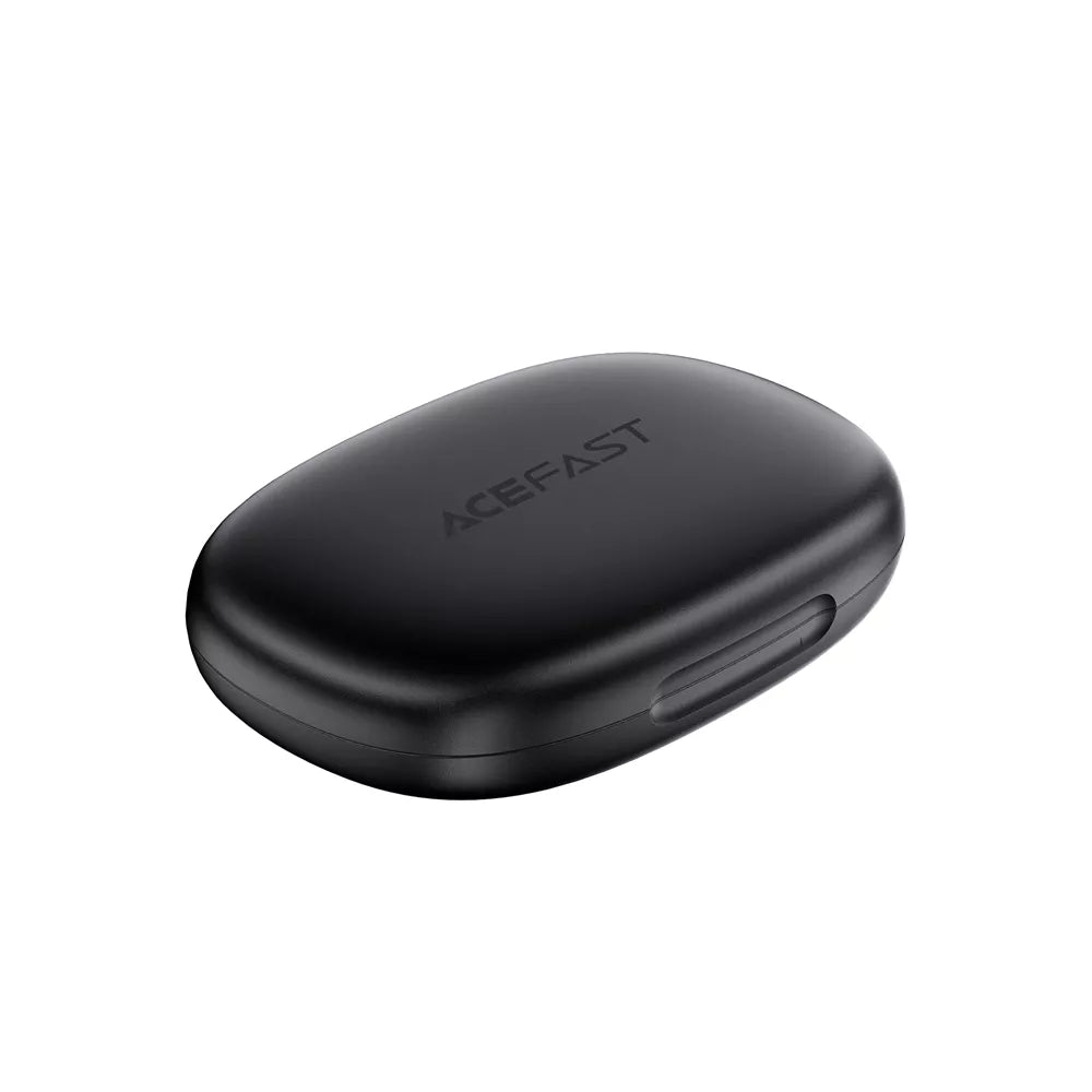Black Acefast noise cancelling earplugs resting beside their small charging case.