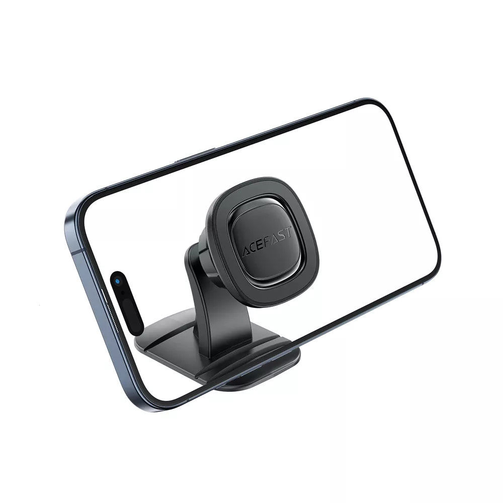 Small black Acefast magnetic phone holder standing on a car centre console.