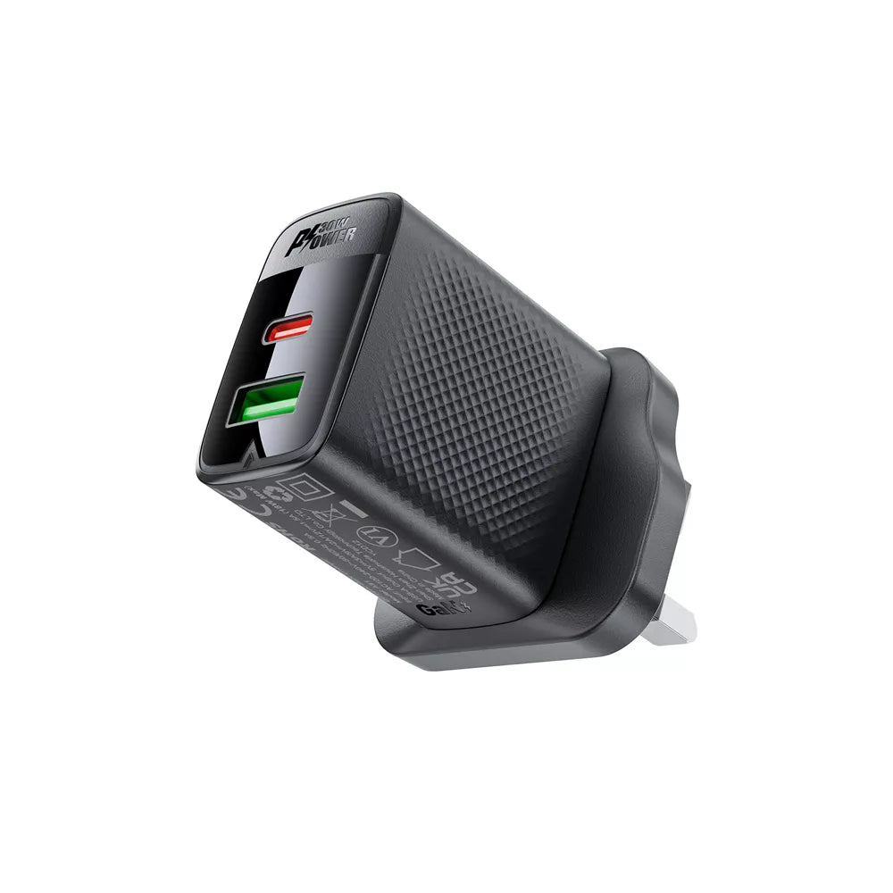 Black Acefast 30W UK plug with a USB-C and a USB-A port.