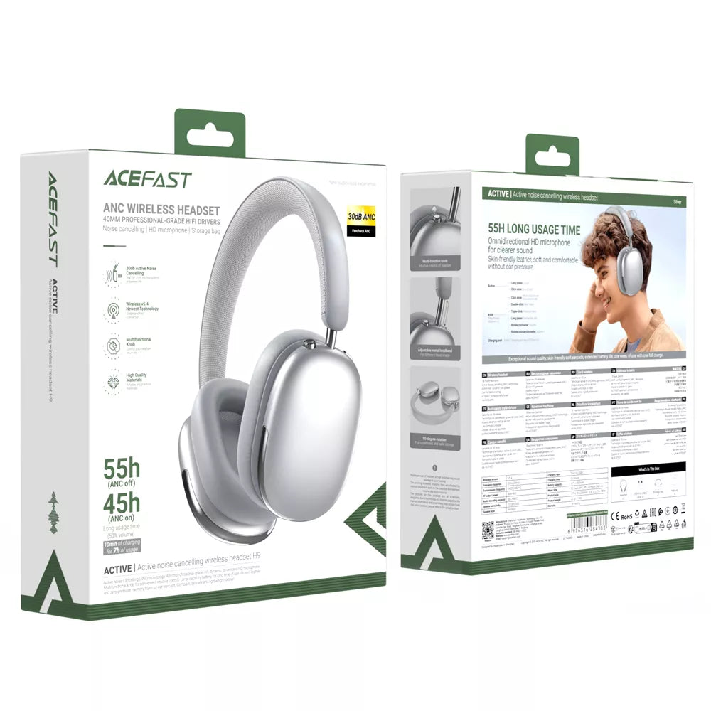Silver Acefast foldable on-ear wireless headphones with a metal headband.