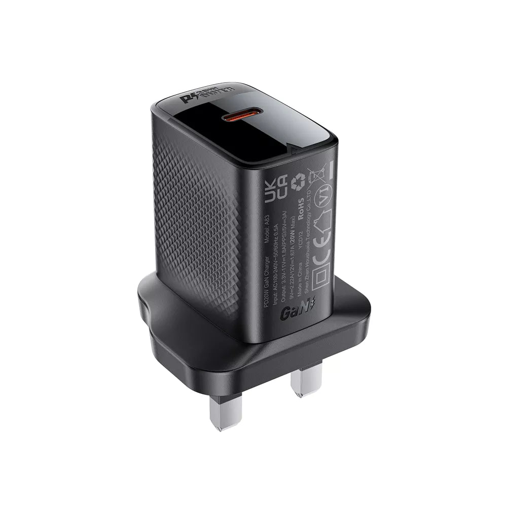 Black Acefast 20W UK plug with a single USB-C port.