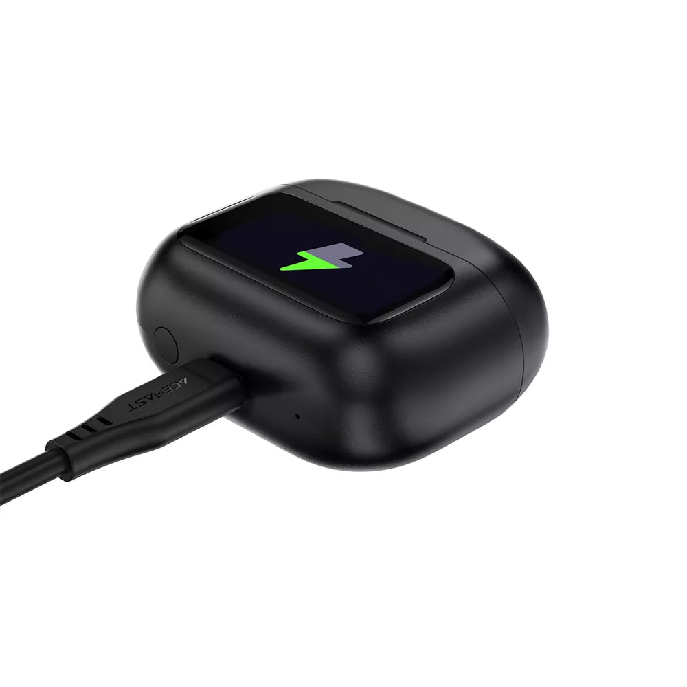 Black Acefast wireless earbuds with a charging case showing a colour display.