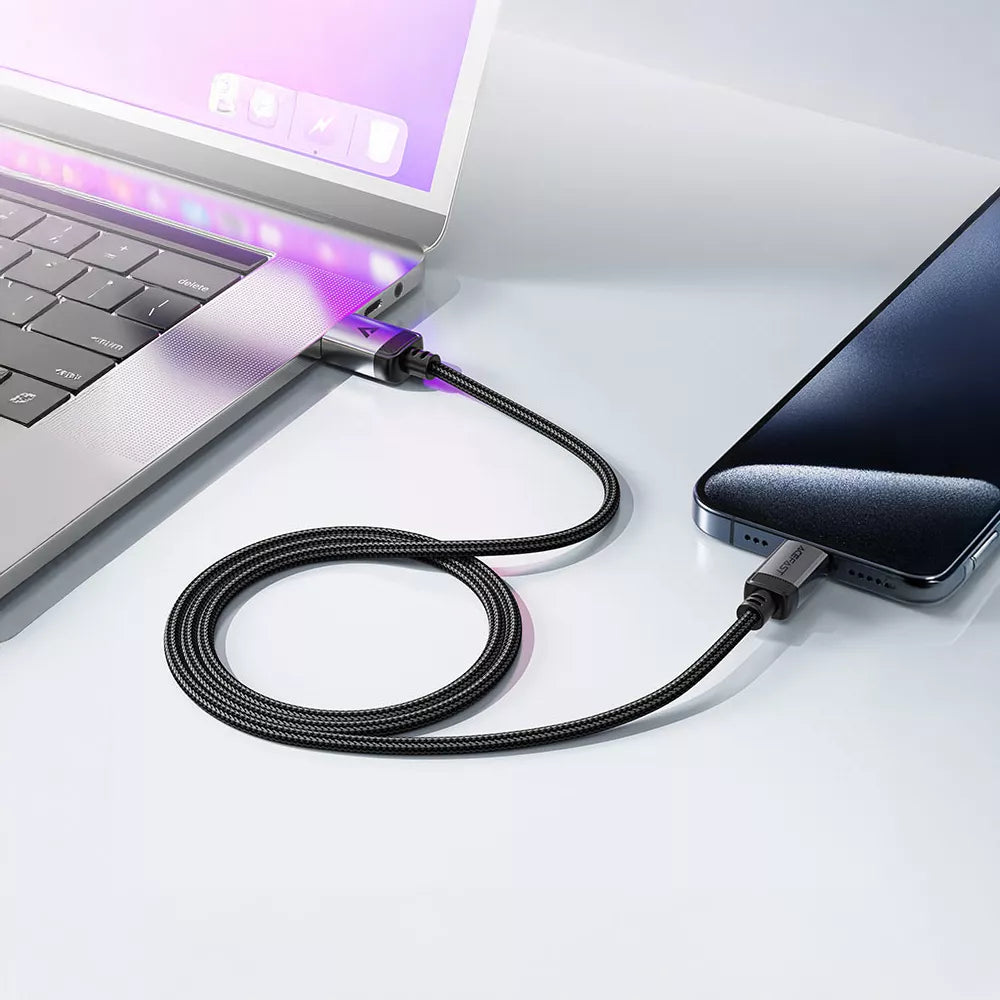 Black braided Acefast USB-C to USB-C cable coiled beside its connectors.