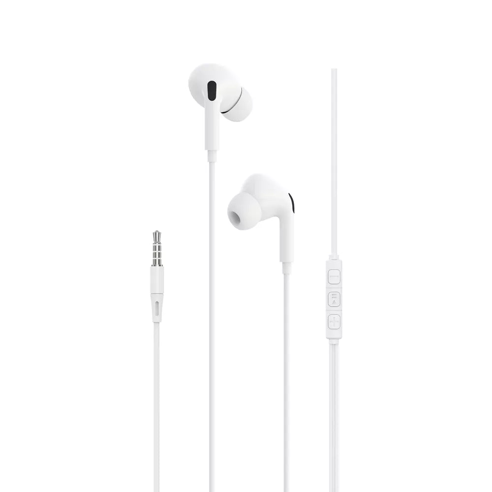White Devia wired in-ear earphones with an inline microphone and volume button.
