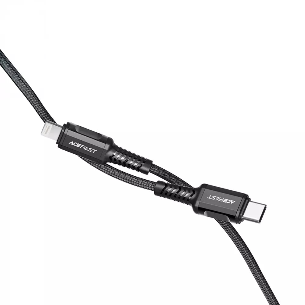 Black braided Acefast USB-C to Lightning cable with alloy connectors.