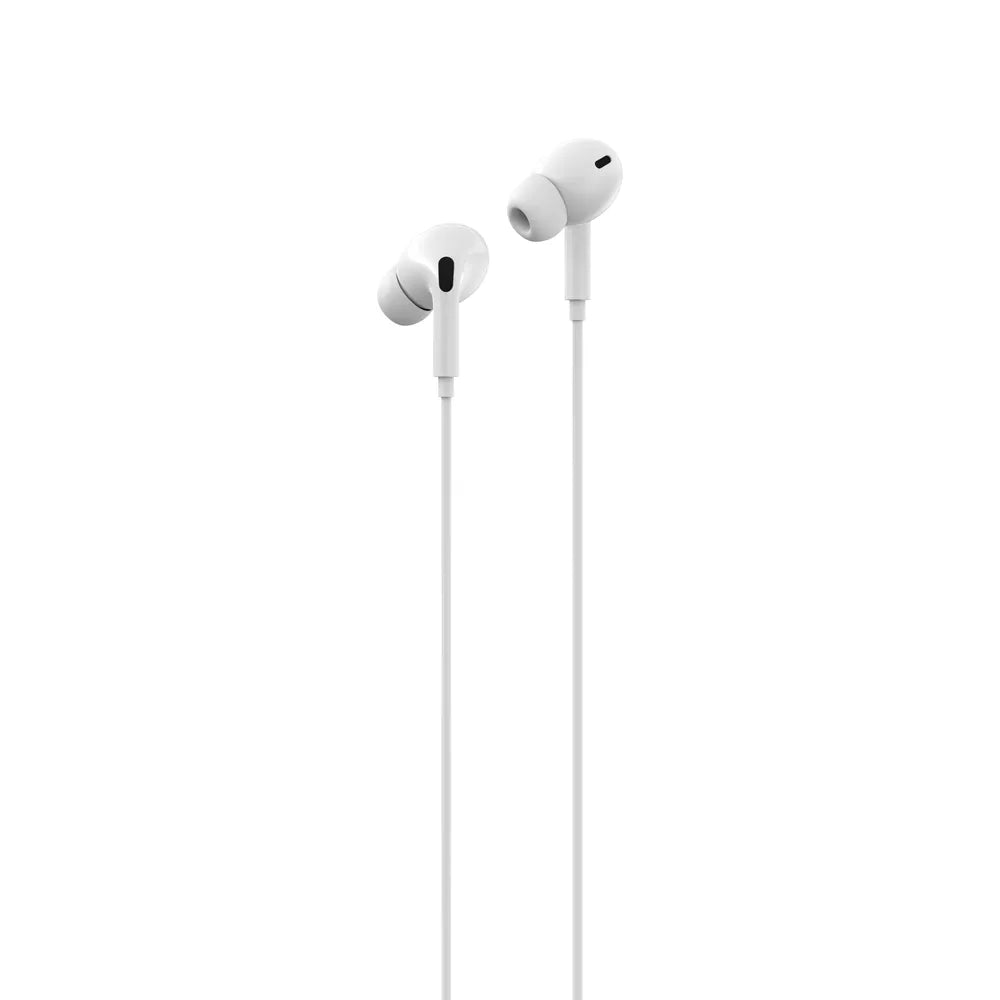 White Devia wired in-ear earphones with an inline microphone and volume button.