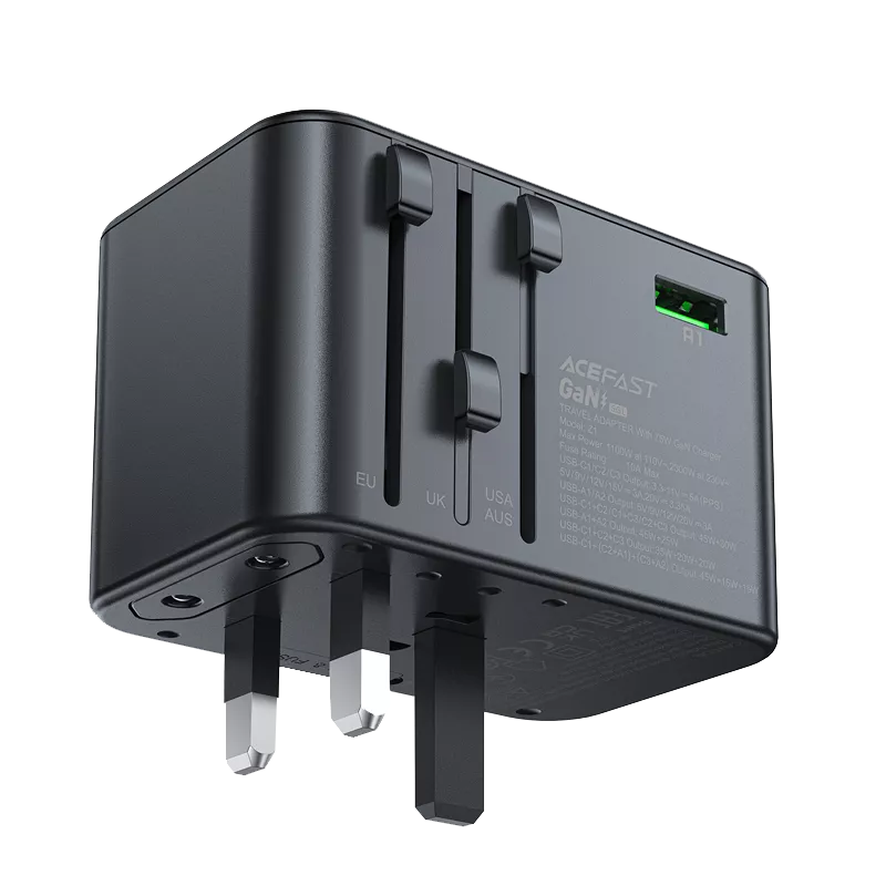 Black Acefast travel adapter with three USB-C ports and two USB-A ports.