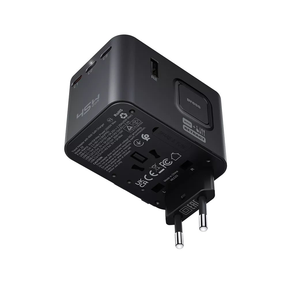 Black Acefast GaN travel adapter with five charging ports and a fold-out plug.