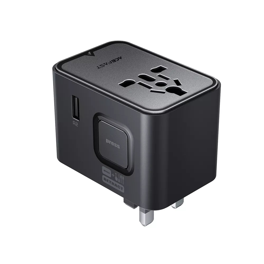 Black Acefast GaN travel adapter with five charging ports and a fold-out plug.