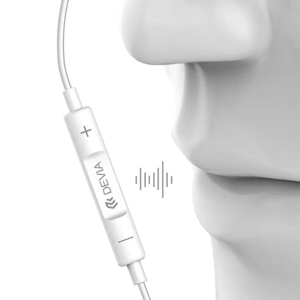 White Devia in-ear earphones with a Lightning connector and inline volume button.