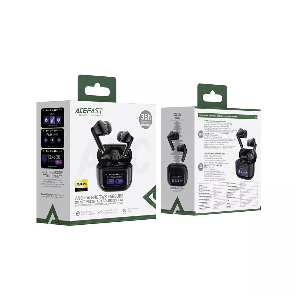 Black Acefast wireless earbuds with a charging case showing a colour display.
