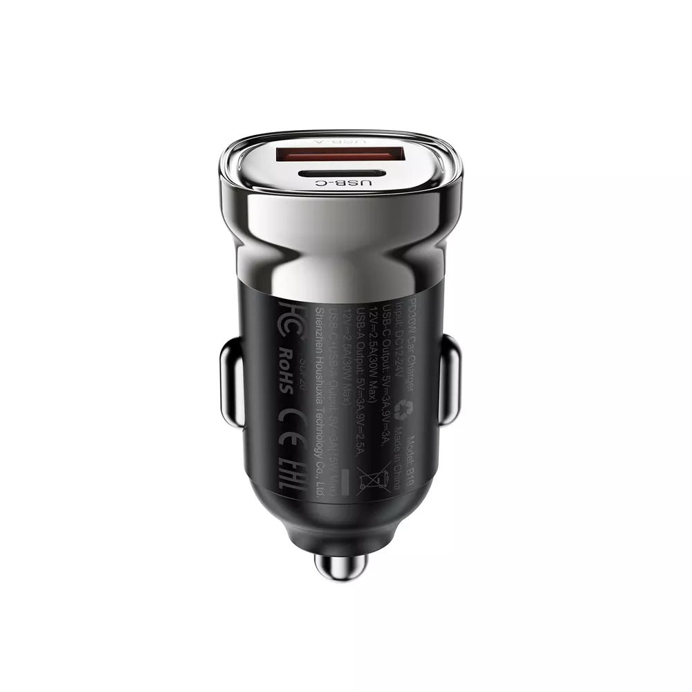 Small black zinc alloy Acefast car charger with two ports, shown upright.