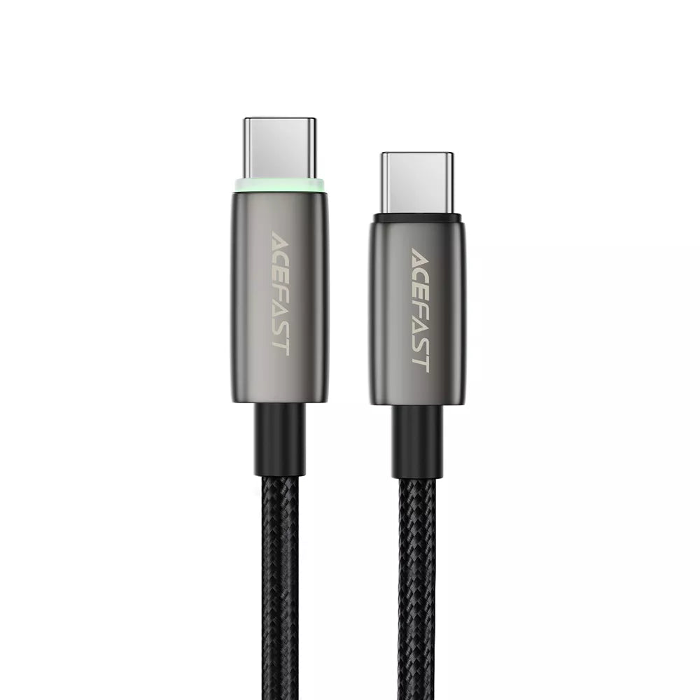 Black braided Acefast USB-C cable with a lit charging indicator.