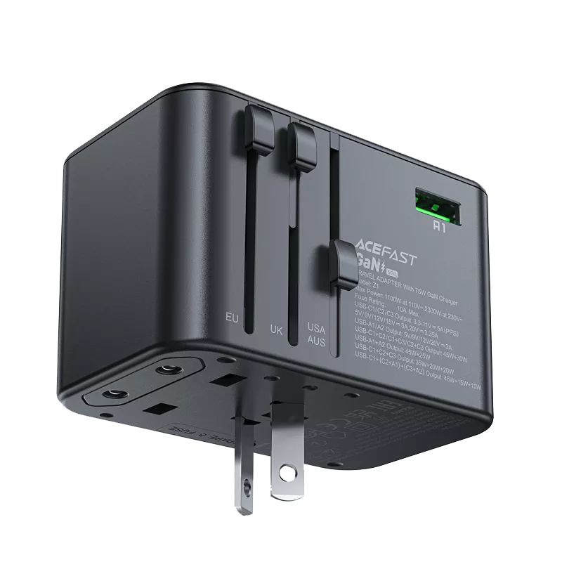 Black Acefast travel adapter with three USB-C ports and two USB-A ports.