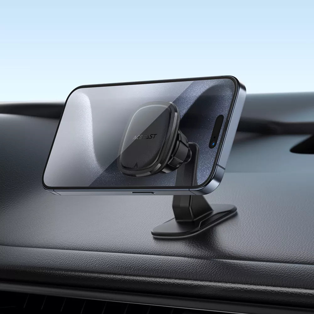 Black Acefast magnetic phone holder with an adhesive base fixed to a car console.