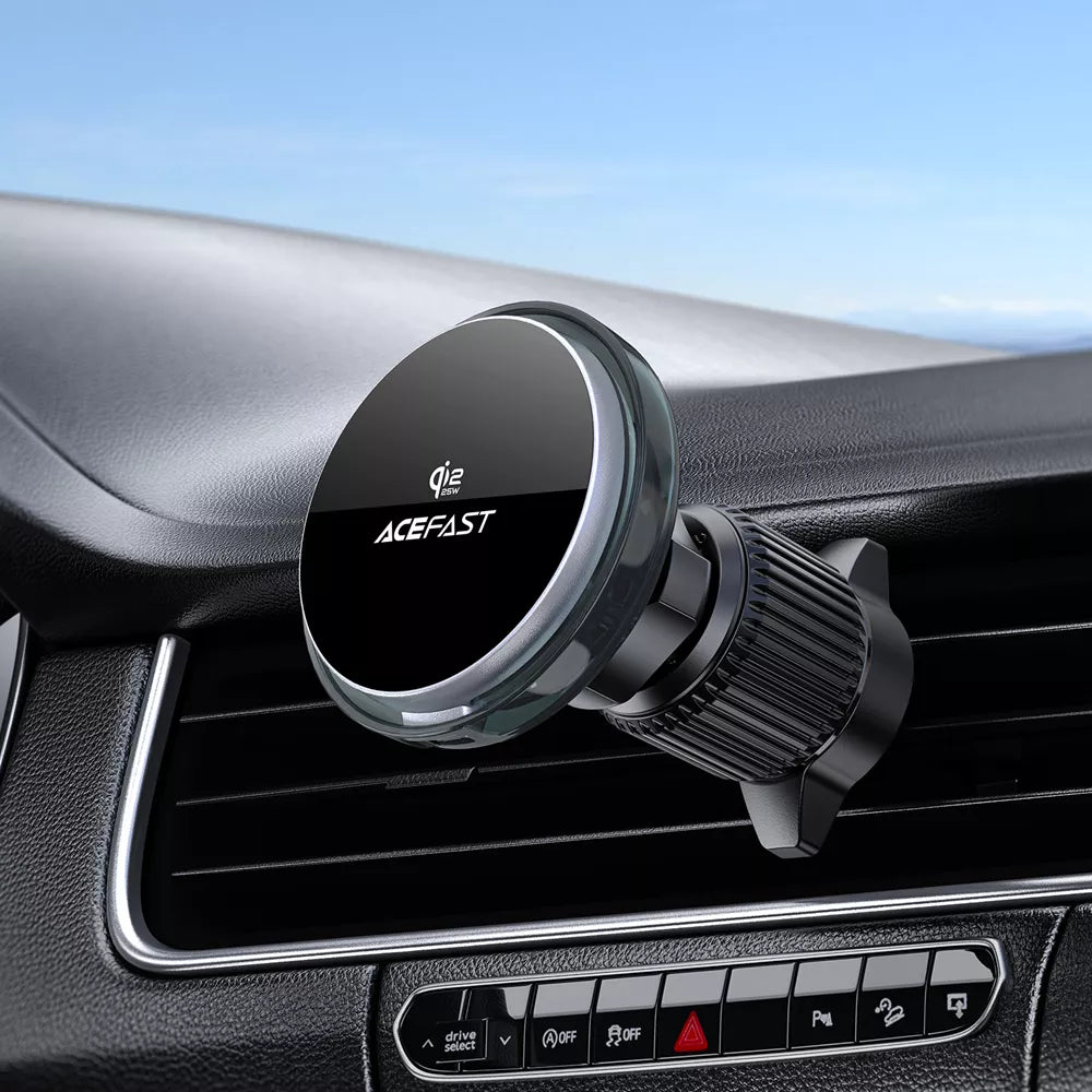 Black Acefast magnetic car vent charger holding a phone upright.