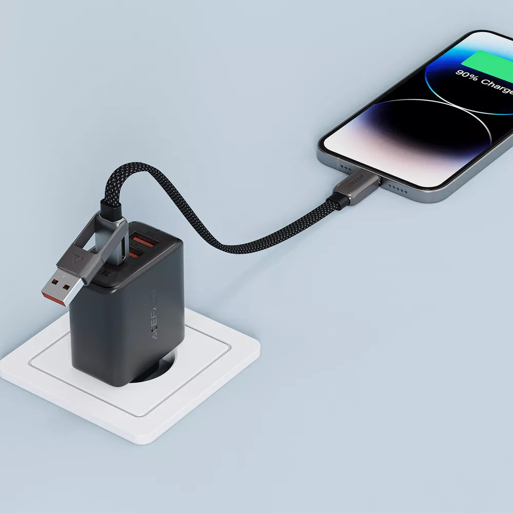 Short black braided Acefast cable with USB-A and USB-C plugs on one end.