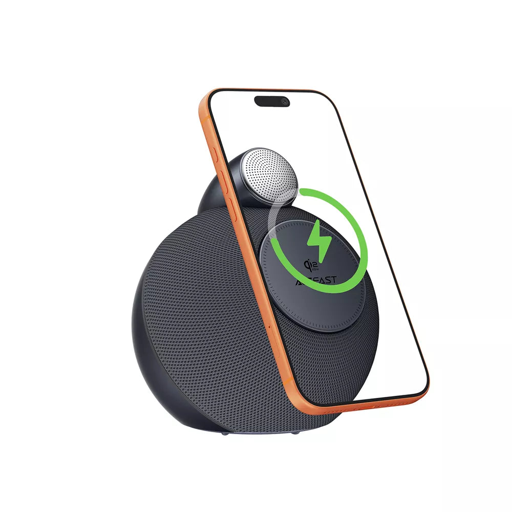 Grey Acefast bedside speaker with a magnetic MagSafe charging pad on the front.