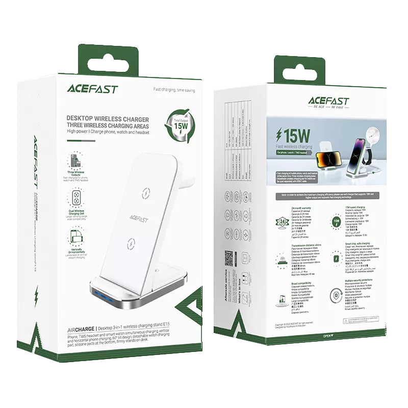 White Acefast upright 3 in 1 charging stand with a detachable watch pad.