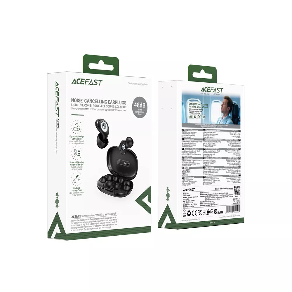 Black Acefast noise cancelling earplugs resting beside their small charging case.