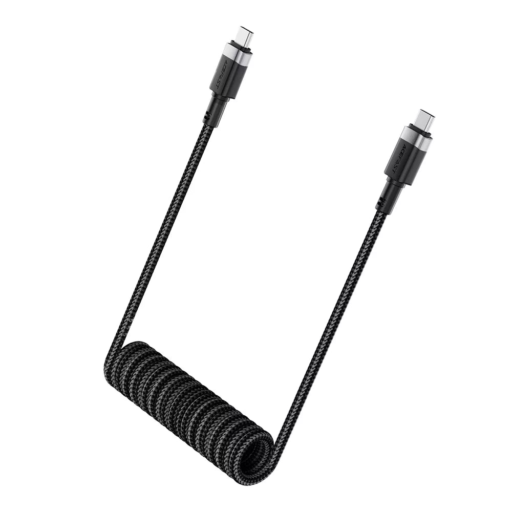 Black Acefast USB-C cable with a coiled spring anti-tangle section.